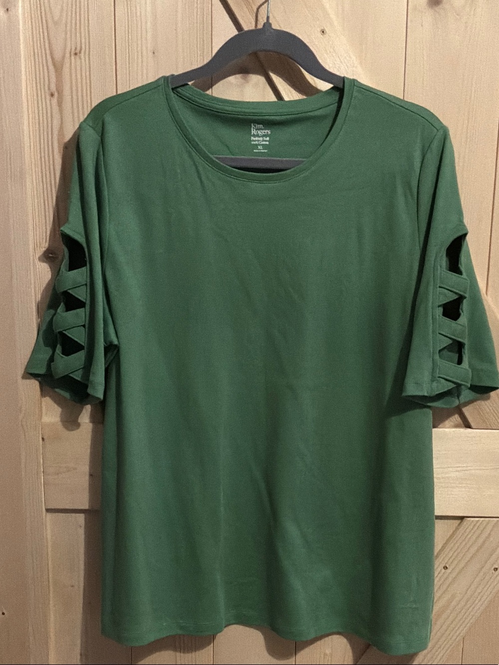 Kim Rogers Forest Green Short Sleeve Top with Lattice Cutout Sleeves